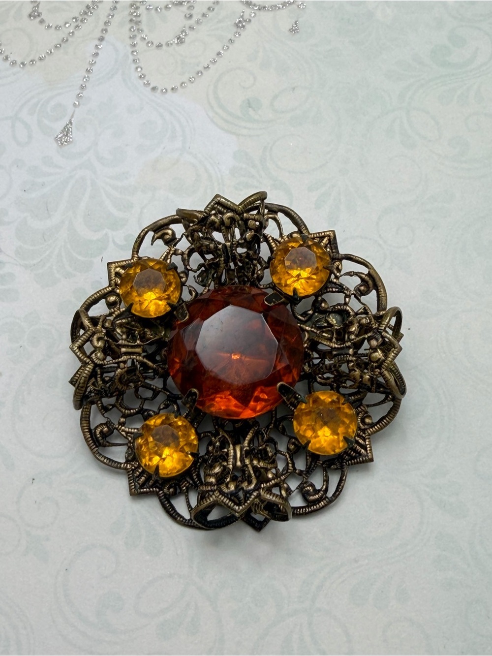 Vintage Amber and Citrine Filigree Brooch #cz144